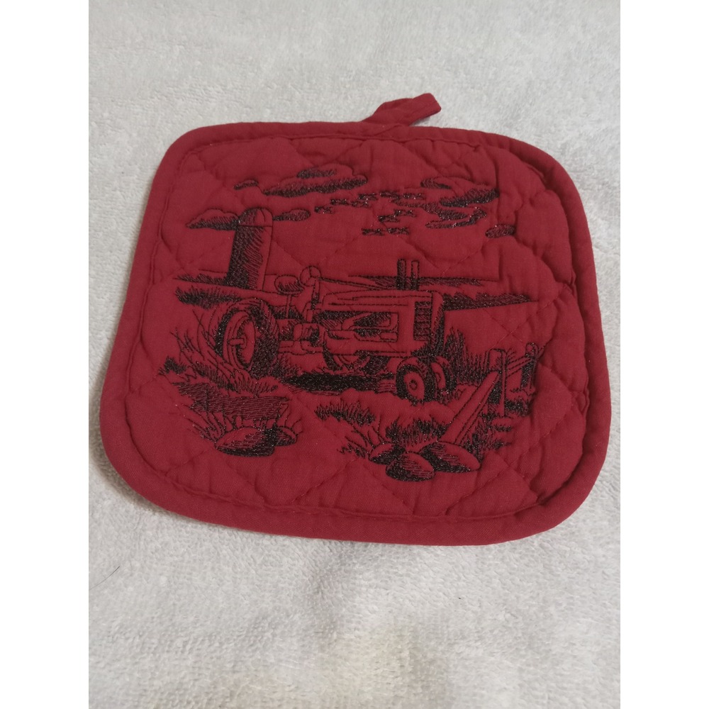 Red Tractor Barn Farm Embroidered Potholder‎ Kitchen Decor